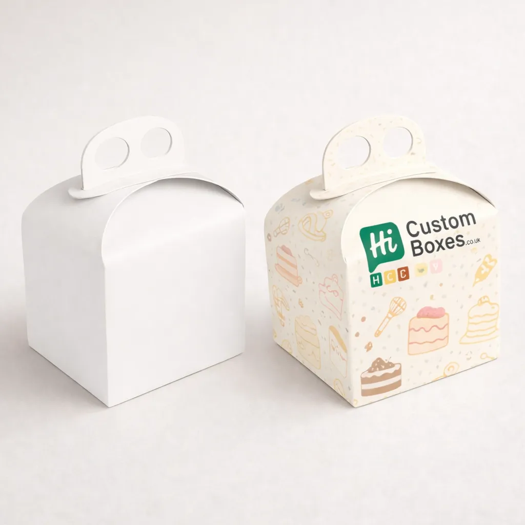 Two drawer-style slide boxes, one plain white and one featuring custom blue floral cake designs. class=